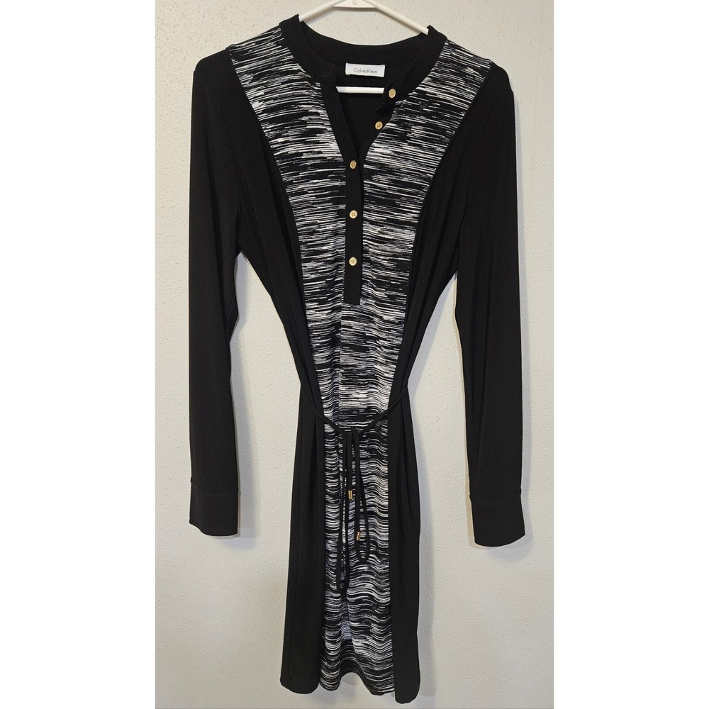 Calvin Klein Black & White Panel Dress Long Sleeve SZ L Gold buttons Spandex